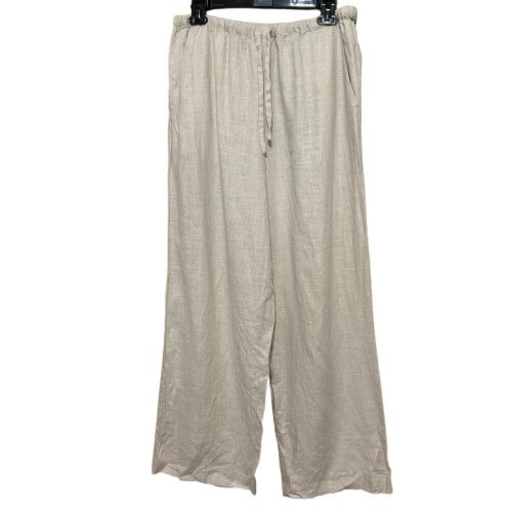 Oak + Fort Linen Blend Drawstring Pull On Pants Small Beige Wide Leg Coastal